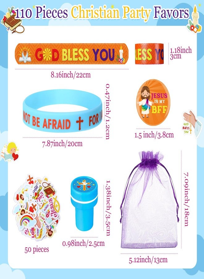 Silipull 110 Pieces Jesus Party Favors for Kids, Bible Verse Slap Bracelets Stickers Stampers Rubber Bracelets Gift Bags Button Pins for Christian Religious Inspirational Christmas Party Gifts - Image 3